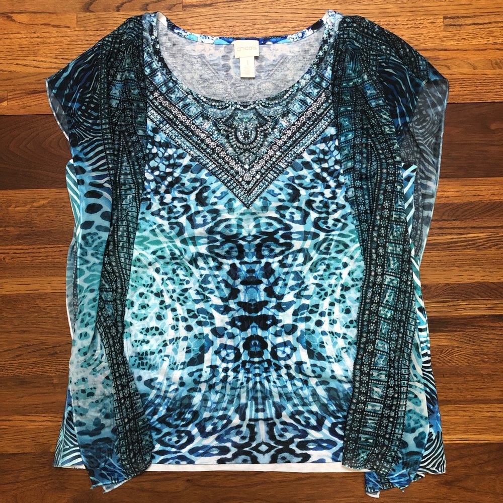 Chico’s Blue Animal Print Top w/Flutter Sleeves